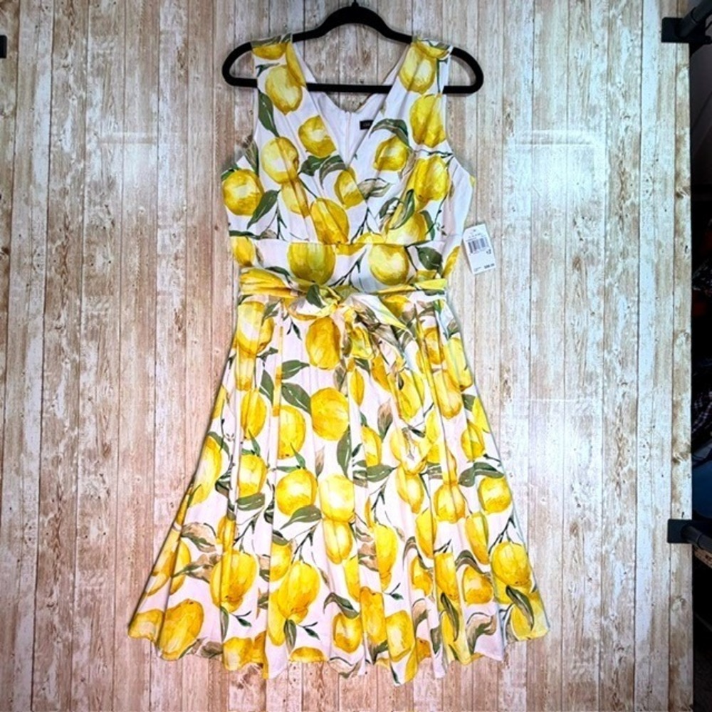 Chris McLaughlin Lemon Print Midi Dress Women 12 Yellow Sleeveless V-Neck Belted